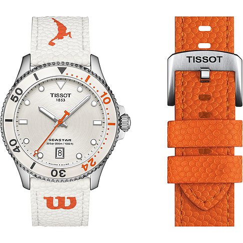 Tissot Seastar mit Edelstahlgehäuse, weißem und orangem Armband.