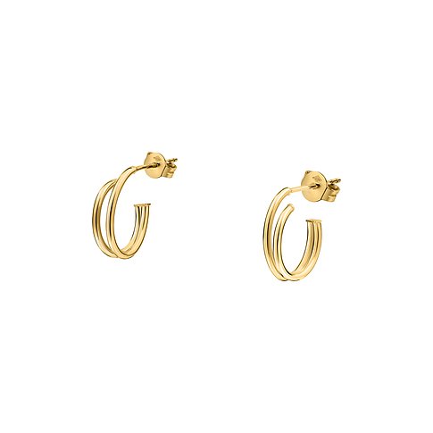 Ein Paar goldene Ohrringe aus 585er Gelbgold, die jeweils aus zwei schlanken, parallelen Ringen bestehen.