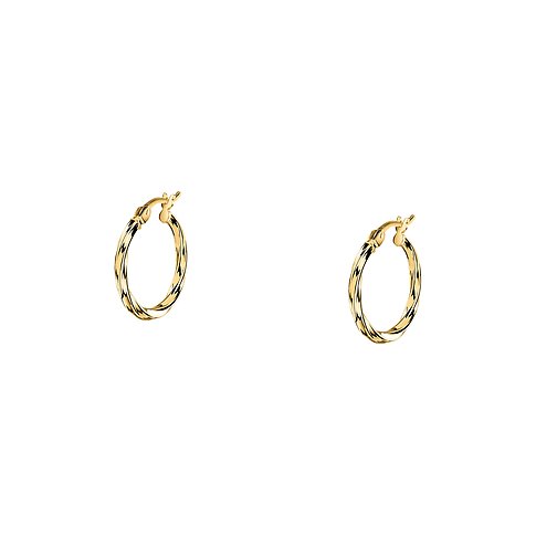 Zwei Paar gedrehte Ohrringe aus 585er Gelbgold, vorne links und rechts im großen Ring abgebildet, glänzend.