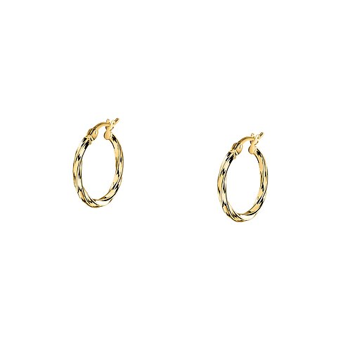 Ein Paar glänzende, gedrehte Creolen aus 585er Gelbgold. Die Ohrringe haben eine schlichte, aber elegante Form.