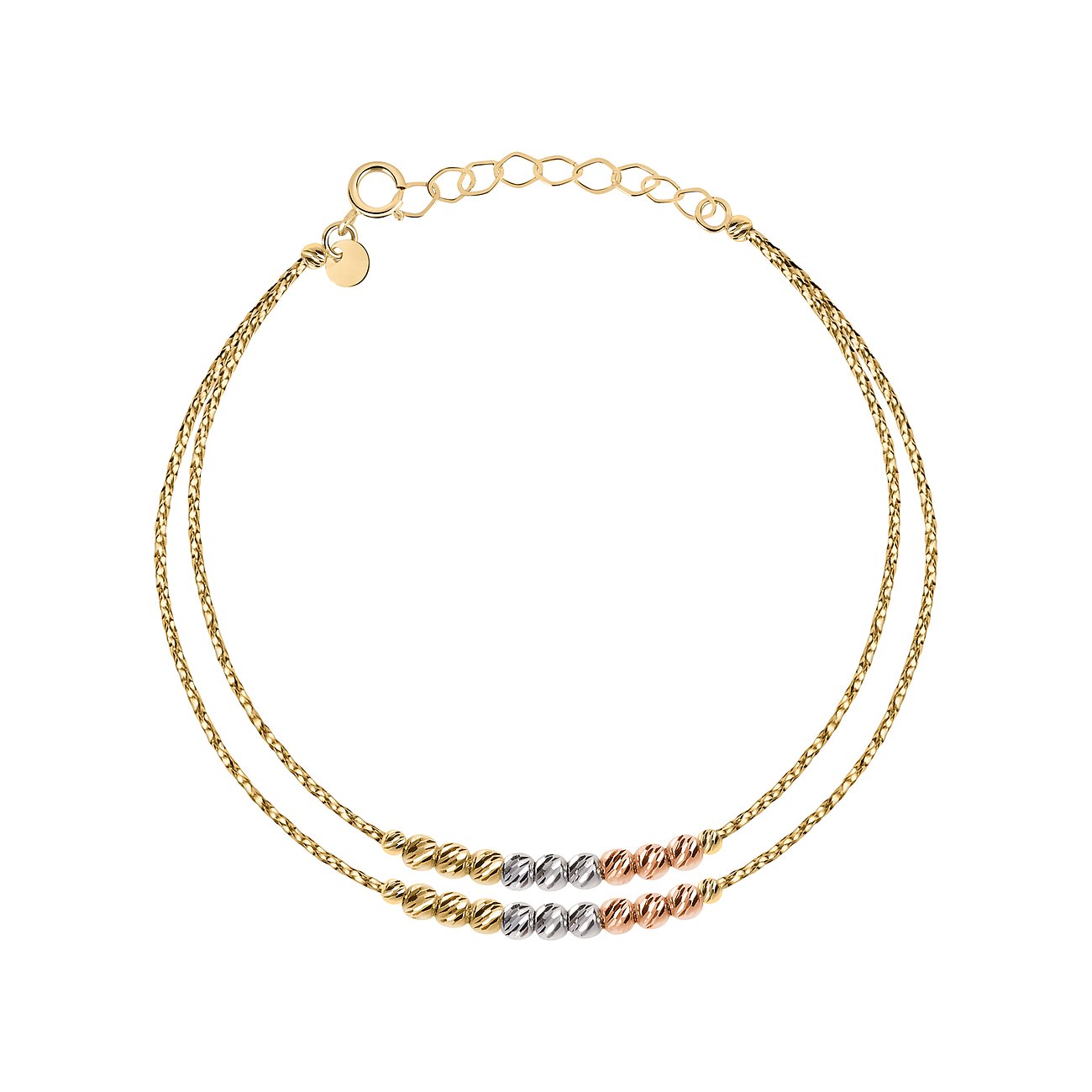 Een 585 geelgouden armband met twee parallelle kettingen en gekleurde goudkleurige kralen in het midden.