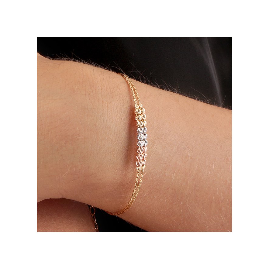 CHRIST armband van 585 geel-, wit- en roségoud met drie gekleurde balsegmenten.