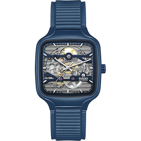 Rado Unisexuhr mit Keramikgehäuse, blau, mit skelettiertem Zifferblatt.