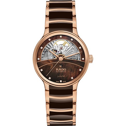 Rado Damenuhr aus Edelstahl mit Diamanten und offenem Zifferblatt.