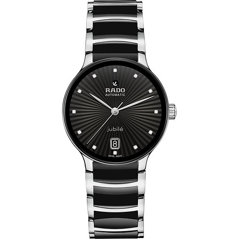 Rado Damenuhr mit Edelstahlgehäuse, Diamanten und schwarzem Zifferblatt.