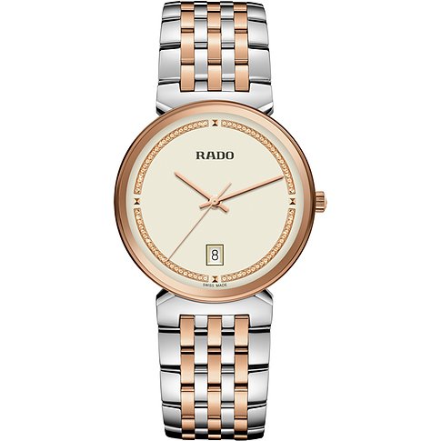 Rado Damenuhr mit Edelstahlgehäuse, bicolor, mit Steinen, analog.