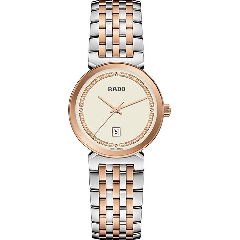 Rado Damenuhr mit Edelstahlgehäuse, bicolor, analog, mit Zirkonia besetzter Lünette.
