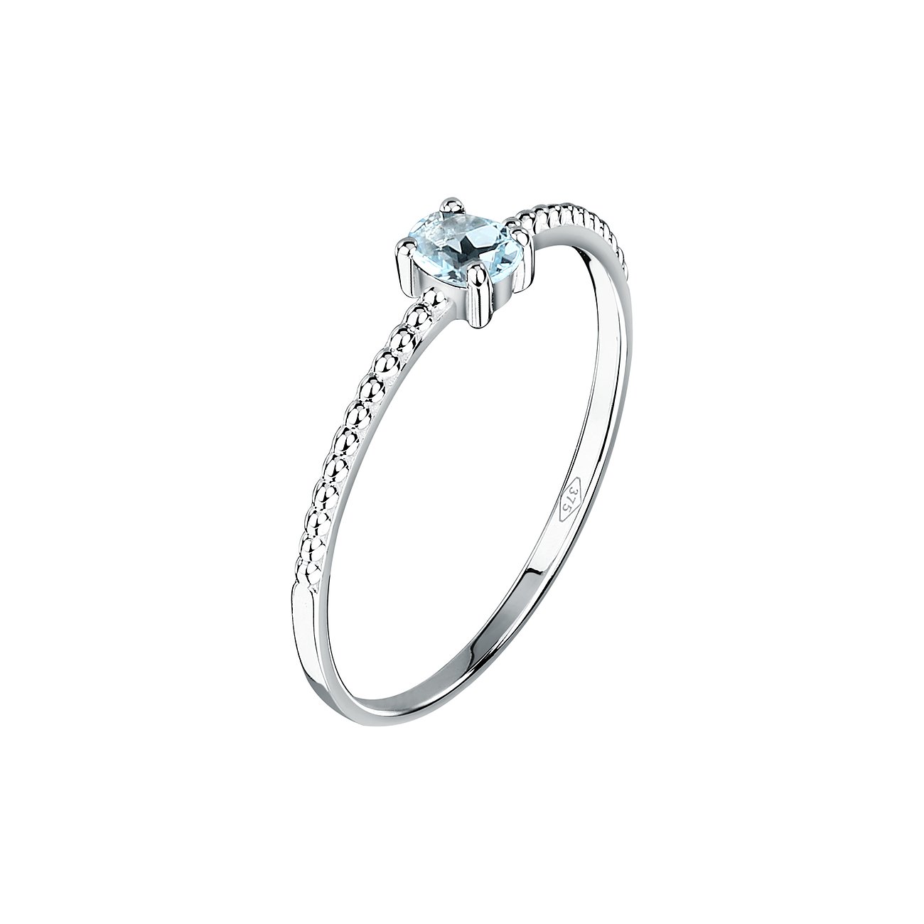 Eleganter 375er Weißgoldring mit einem hellblauen Topas, umrahmt von einem Band aus kleinen Kügelchen.