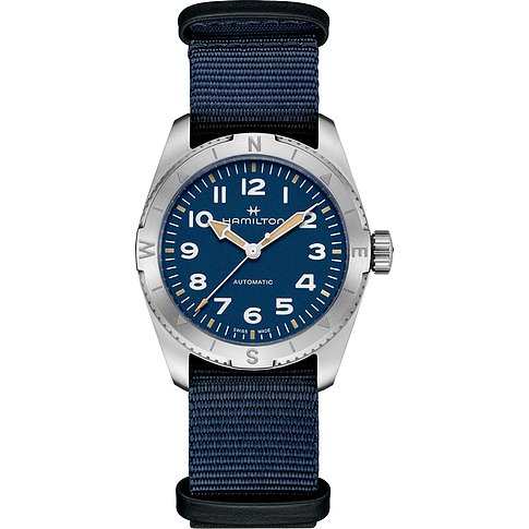 Hamilton Herrenuhr mit Edelstahlgehäuse, blauem Zifferblatt und Stoffarmband.