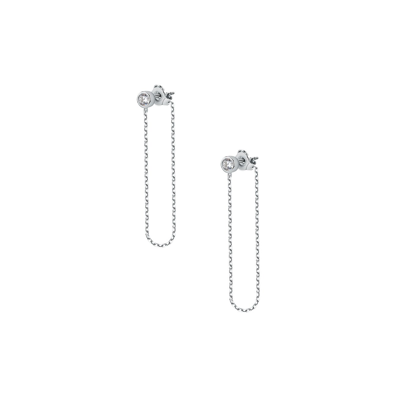 FAVS Ohrschmuck aus 375er Weißgold mit Zirkonia, bestehend aus einem Stecker und einer herabhängenden Kette.