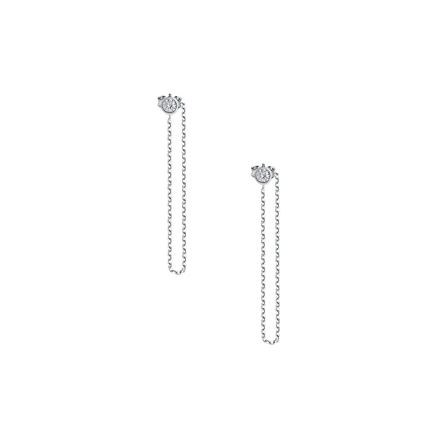 FAVS Ohrschmuck aus 375 Weißgold mit Zirkonia, bestehend aus zwei Ohrsteckern mit hängenden Ketten.