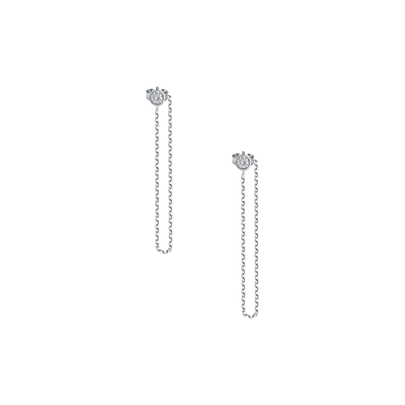 FAVS Ohrschmuck aus 375 Weißgold mit Zirkonia, bestehend aus zwei Ohrsteckern mit hängenden Ketten.