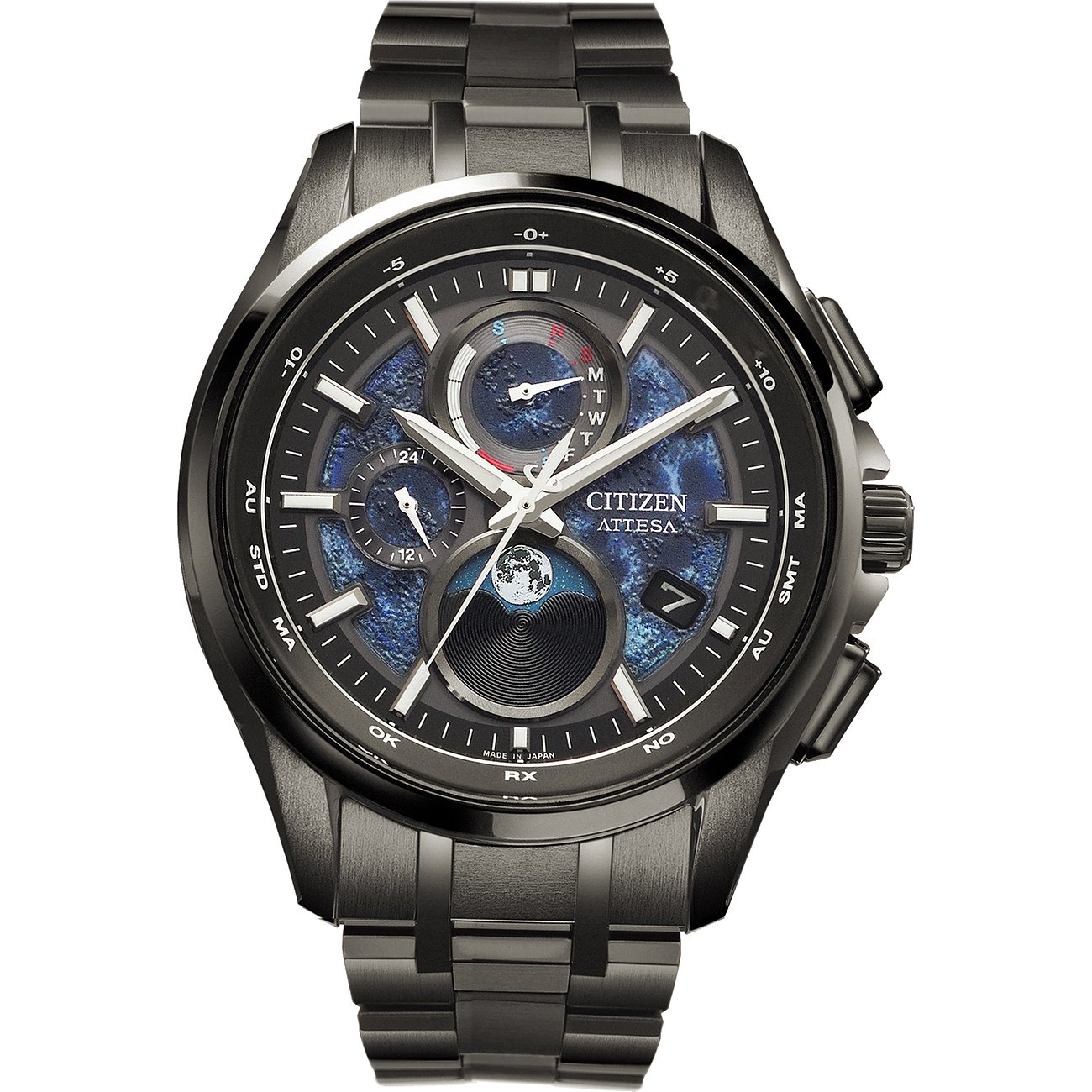 Citizen Herrenuhr mit Titan-Gehäuse, analog, mit blauem Zifferblatt und Mondphase.