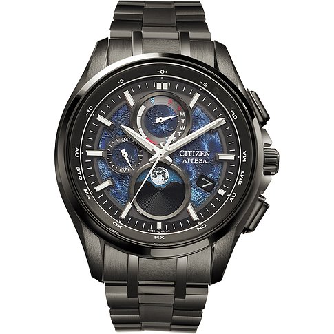 Citizen herenhorloge met titanium kast, analoog, met blauwe wijzerplaat en maanfase.