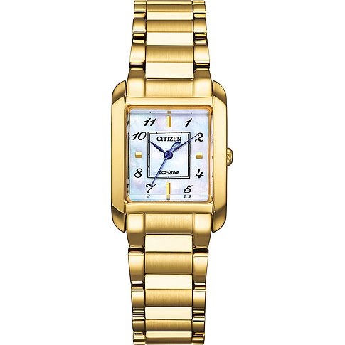 Citizen Damenuhr mit Edelstahlgehäuse, analog, goldfarben, rechteckig.