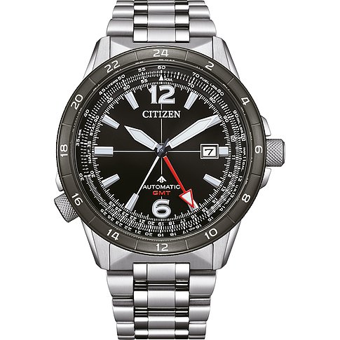 Citizen Herrenuhr aus Edelstahl, analog, mit schwarzem Zifferblatt und GMT-Funktion.