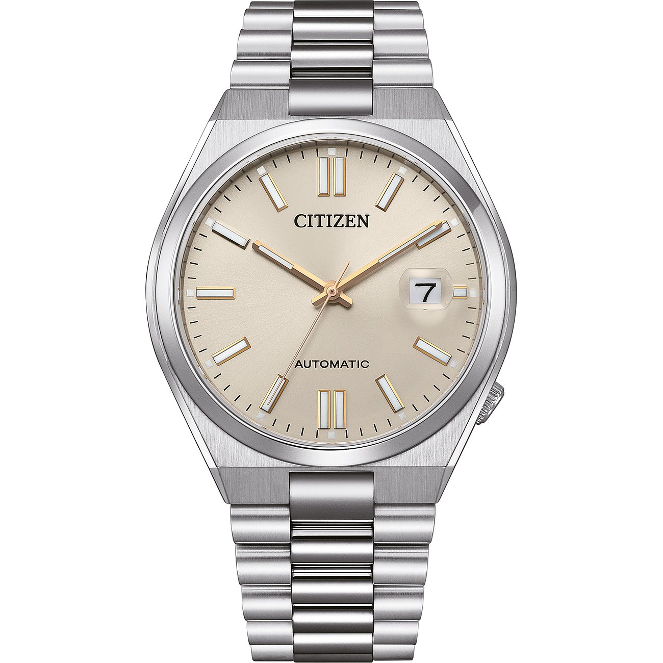 Citizen Herrenuhr mit Edelstahlgehäuse, beigem Zifferblatt und Datumsanzeige.
