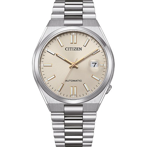 Citizen Herrenuhr mit Edelstahlgehäuse, beigem Zifferblatt und Datumsanzeige.