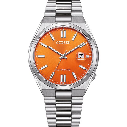 Citizen Herrenuhr mit Edelstahlgehäuse, orangefarbenes Zifferblatt und Automatikwerk.