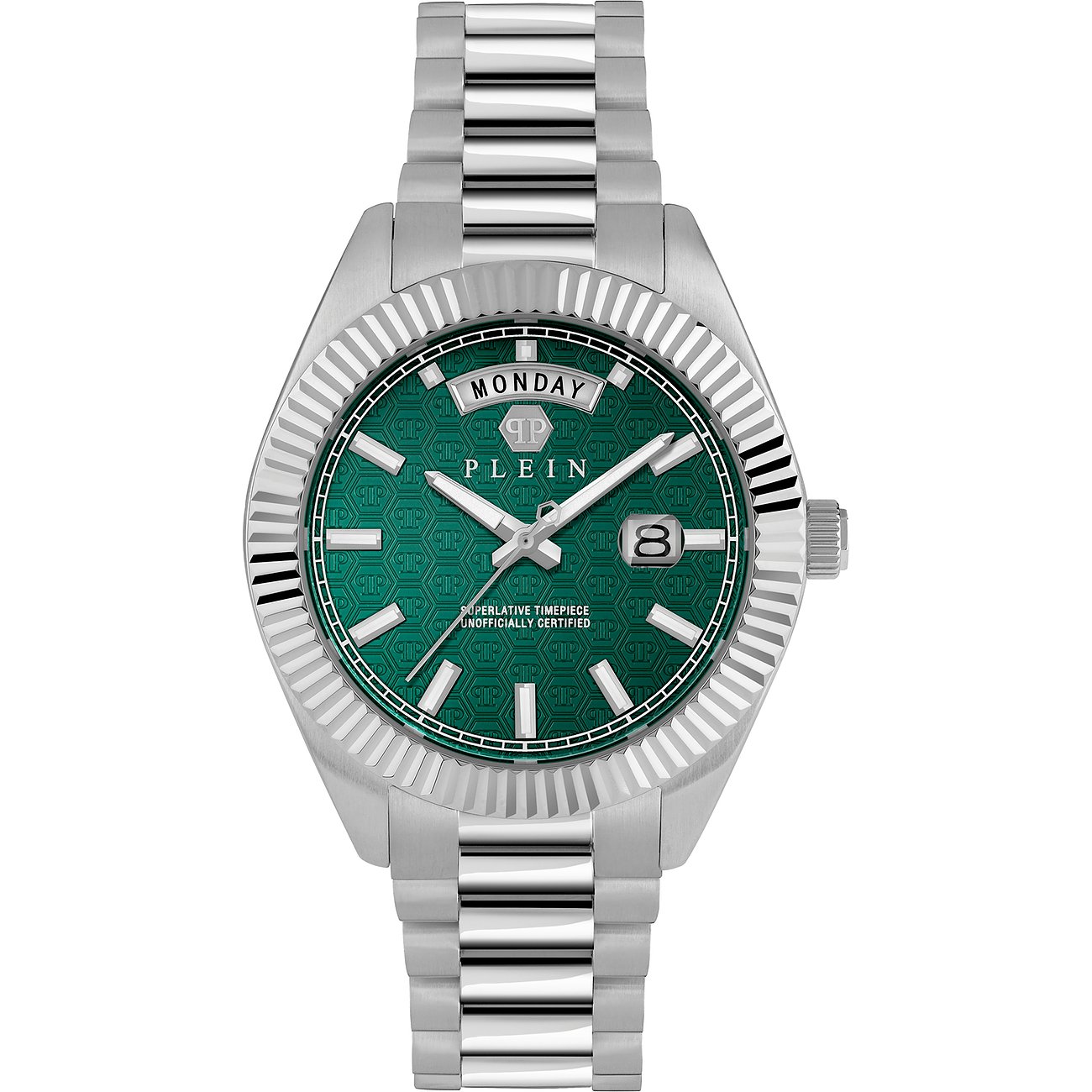 Philipp Plein herrklocka med boett i rostfritt stål, grön urtavla och datumvisning.