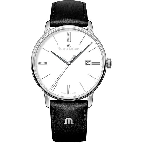 Maurice Lacroix Herrenuhr mit Edelstahlgehäuse, weißem Zifferblatt und römischen Ziffern.