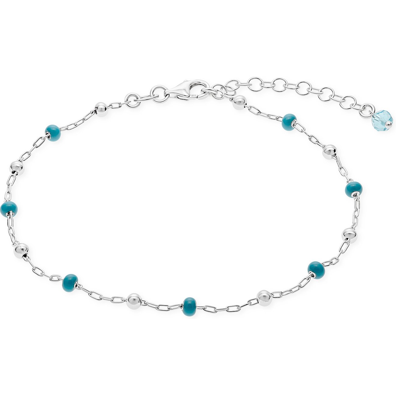 FAVS Fußkette aus 925er Silber mit blauen Perlen und Kugeln.