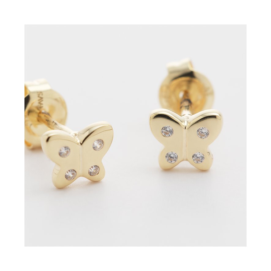 Ein Paar FAVS Little Friends Ohrstecker aus 375er Gelbgold in Form von Schmetterlingen mit Zirkonia-Farbsteinen.