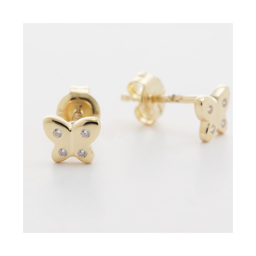 FAVS Little Friends Ohrstecker aus Gelbgold mit Schmetterlingsmotiv und Zirkonia in Schmetterlingsform.