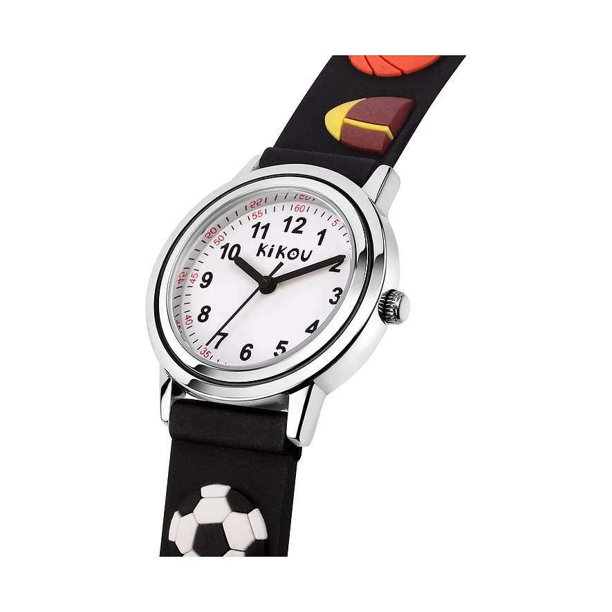 KIKOU Kinderuhr mit Edelstahlgehäuse, analog, weißes Zifferblatt, Fußball-Design.