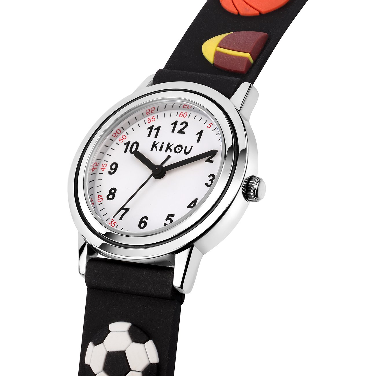 KIKOU Kinderuhr mit Edelstahlgehäuse, analog, weißes Zifferblatt, Fußball-Design.