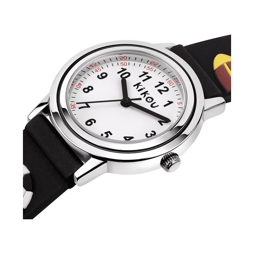 KIKOU Kinderuhr mit Edelstahlgehäuse, weißem Zifferblatt und schwarzen Zahlen.