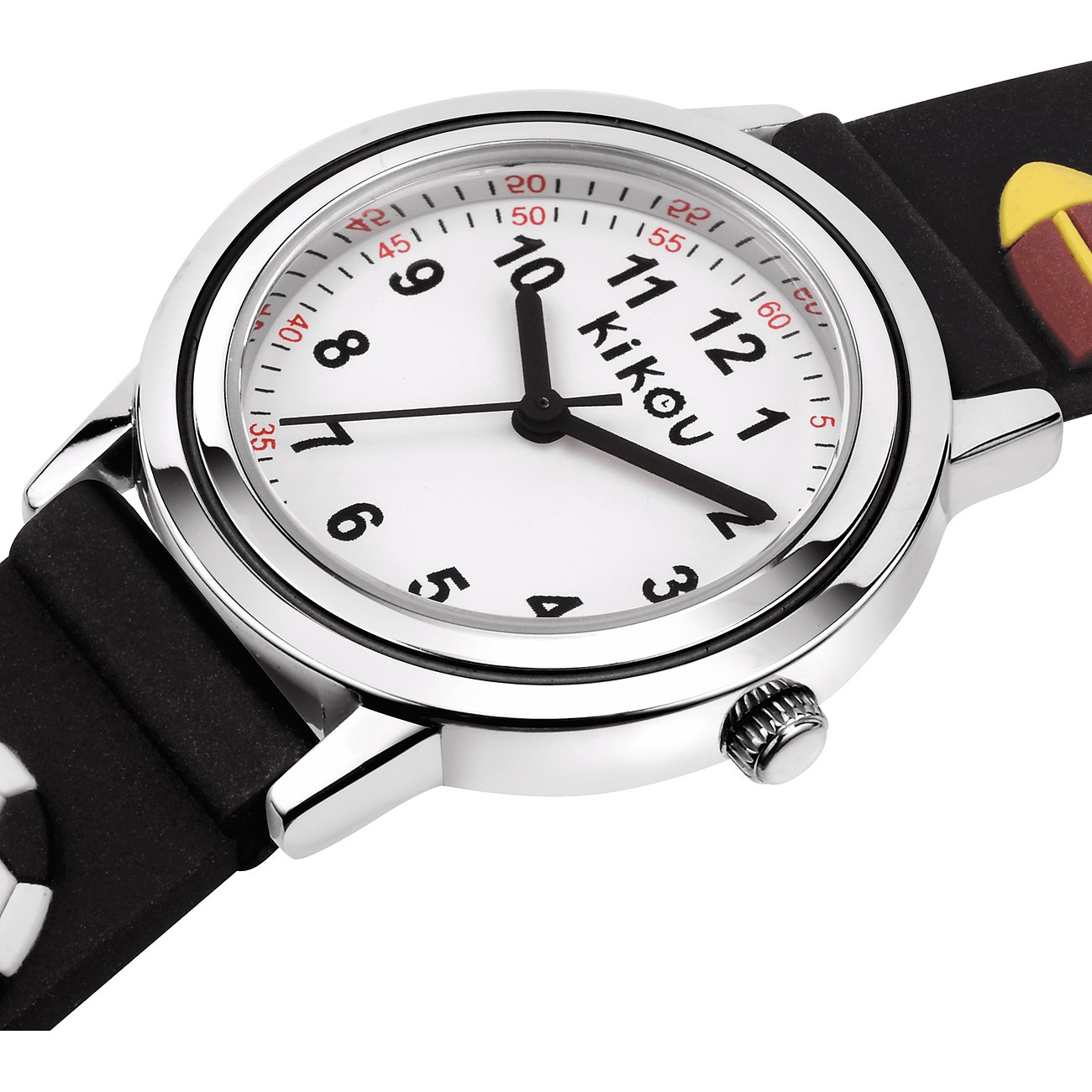 KIKOU Kinderuhr mit Edelstahlgehäuse, weißem Zifferblatt und schwarzen Zahlen.