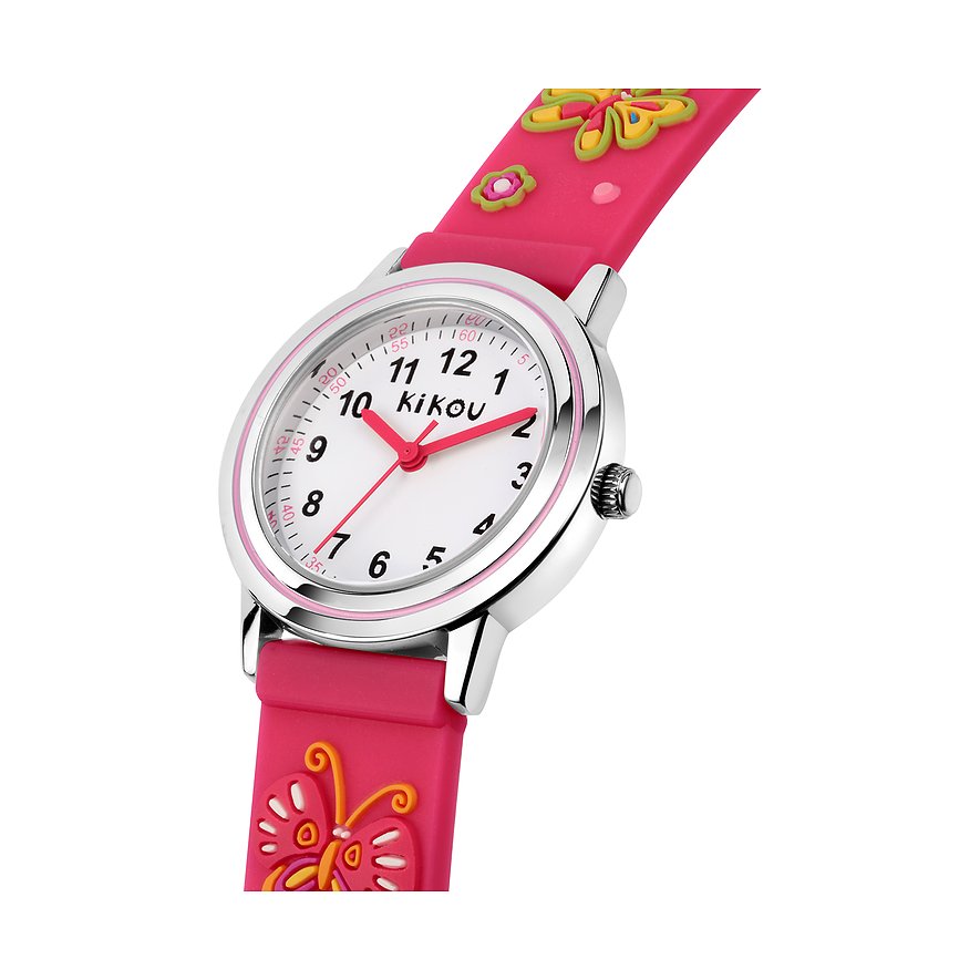 KIKOU Kinderuhr mit Edelstahlgehäuse, weißem Zifferblatt und pinkem Band mit Schmetterlingen.
