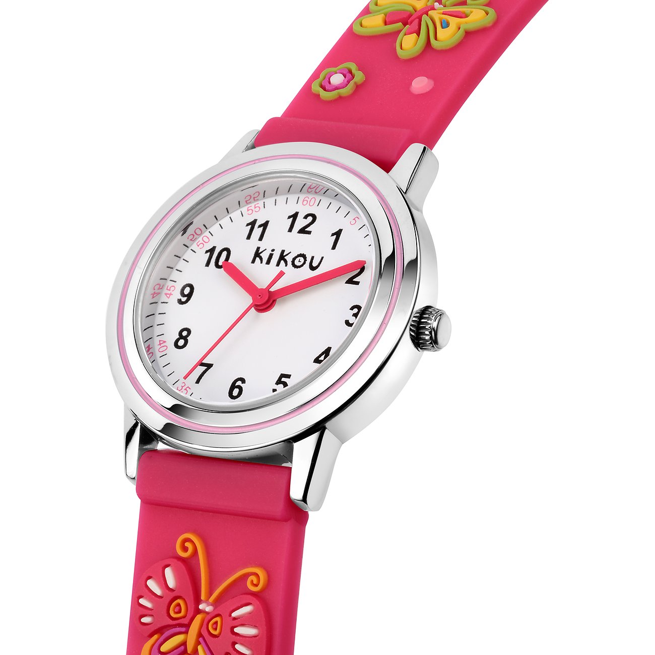KIKOU Kinderuhr mit Edelstahlgehäuse, weißem Zifferblatt und pinkem Band mit Schmetterlingen.