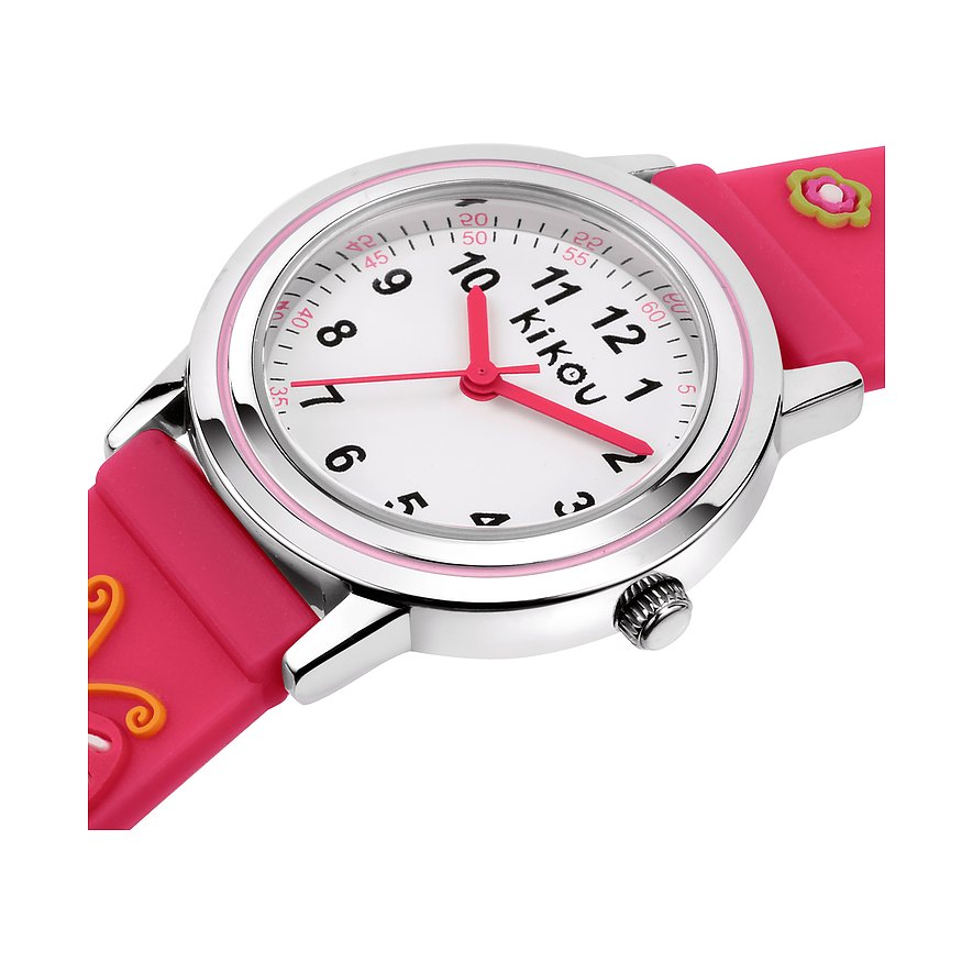 KIKOU Kinderuhr mit Edelstahlgehäuse, weißem Zifferblatt und pinkem Armband.