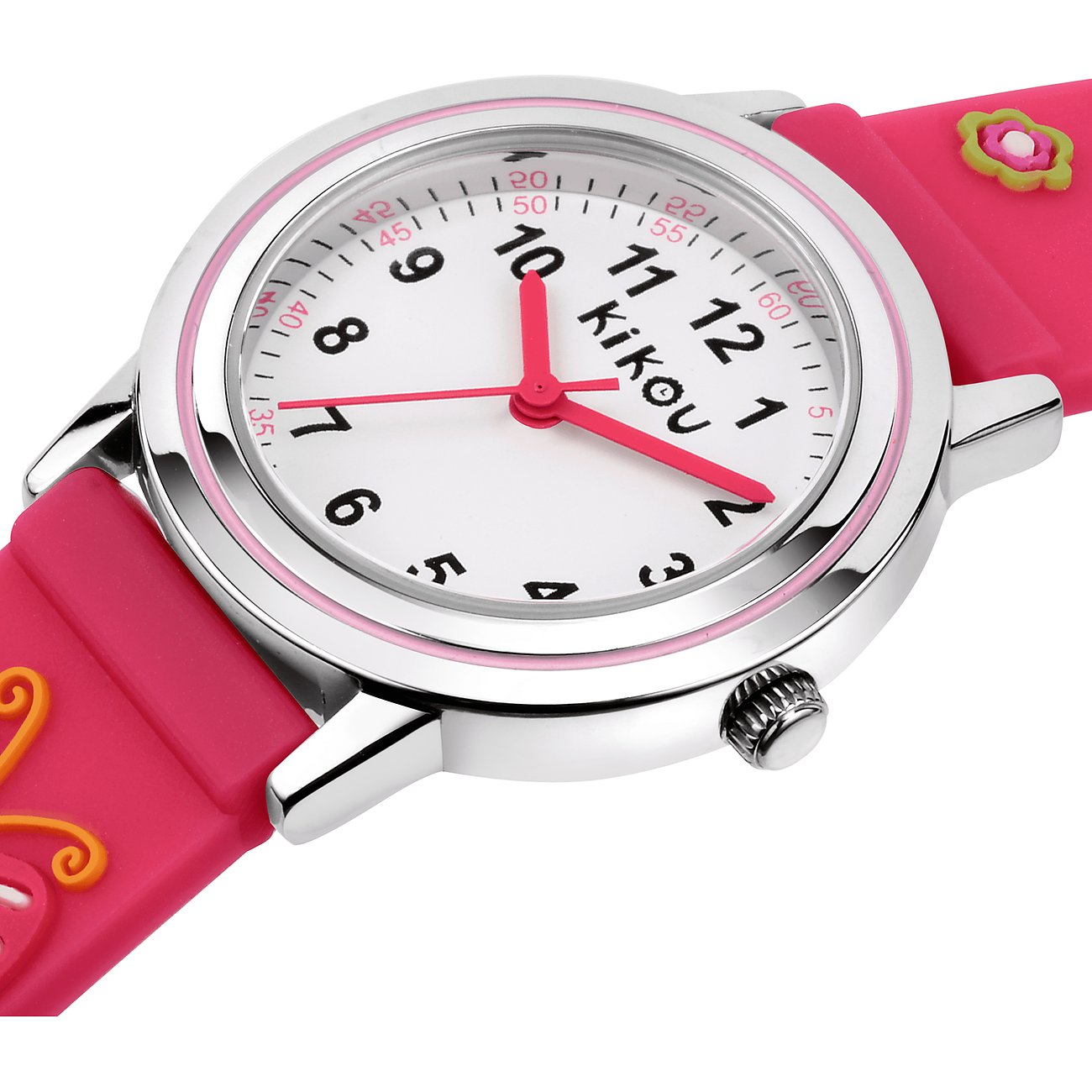 KIKOU Kinderuhr mit Edelstahlgehäuse, weißem Zifferblatt und pinkem Armband.