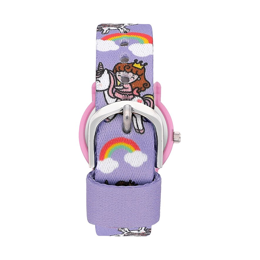 KIKOU Kinderuhr mit Kunststoffgehäuse und Regenbogen-Einhorn-Motiv.