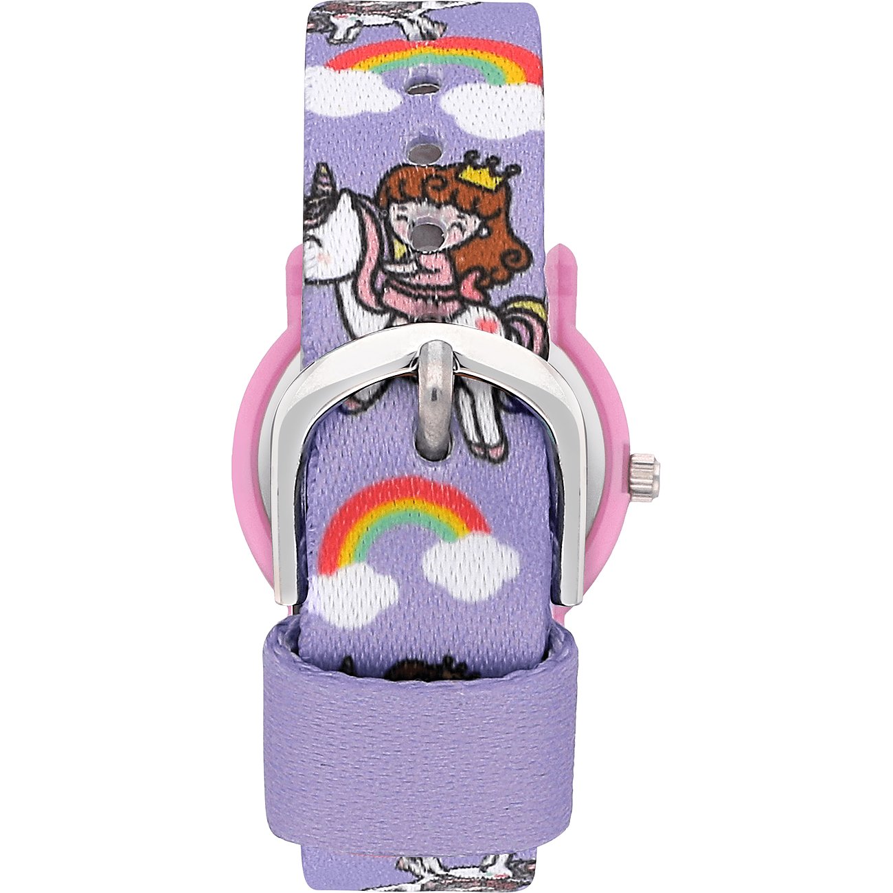 KIKOU Kinderuhr mit Kunststoffgehäuse und Regenbogen-Einhorn-Motiv.