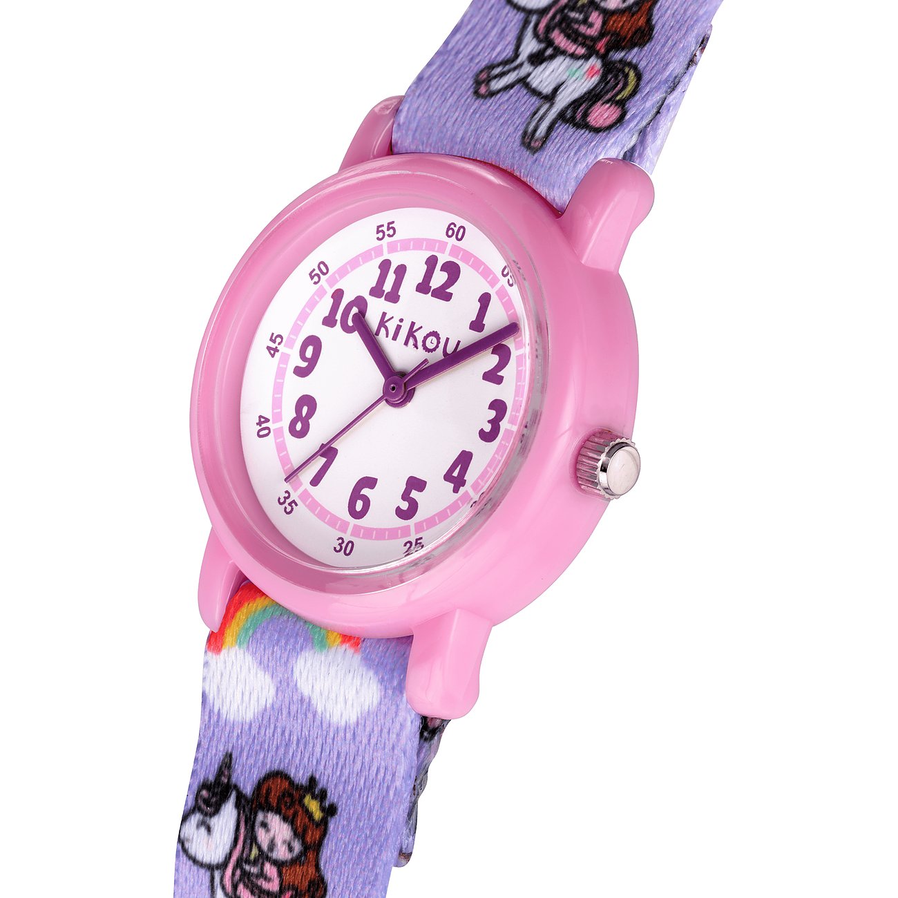 KIKOU Kinderuhr mit Kunststoffgehäuse, analog, mit bunten Motiven.