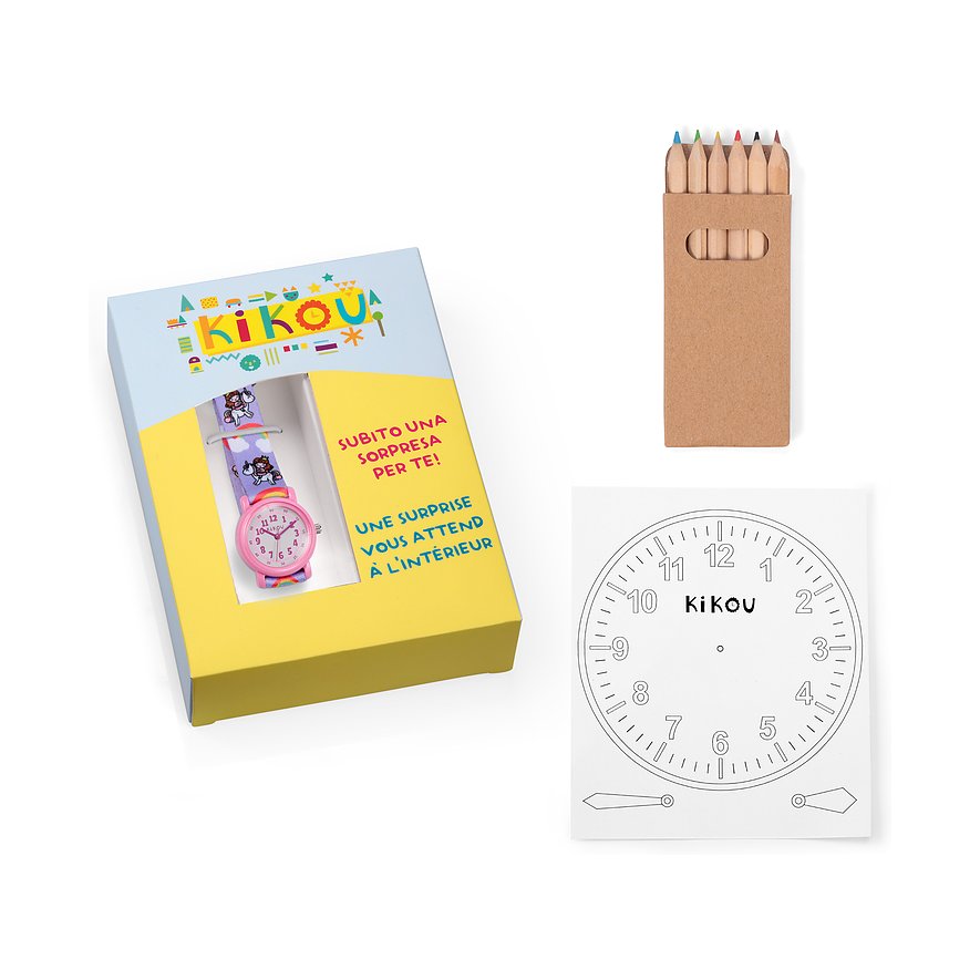 KIKOU Kinderuhr mit Kunststoffgehäuse, analoger Anzeige und buntem Band.