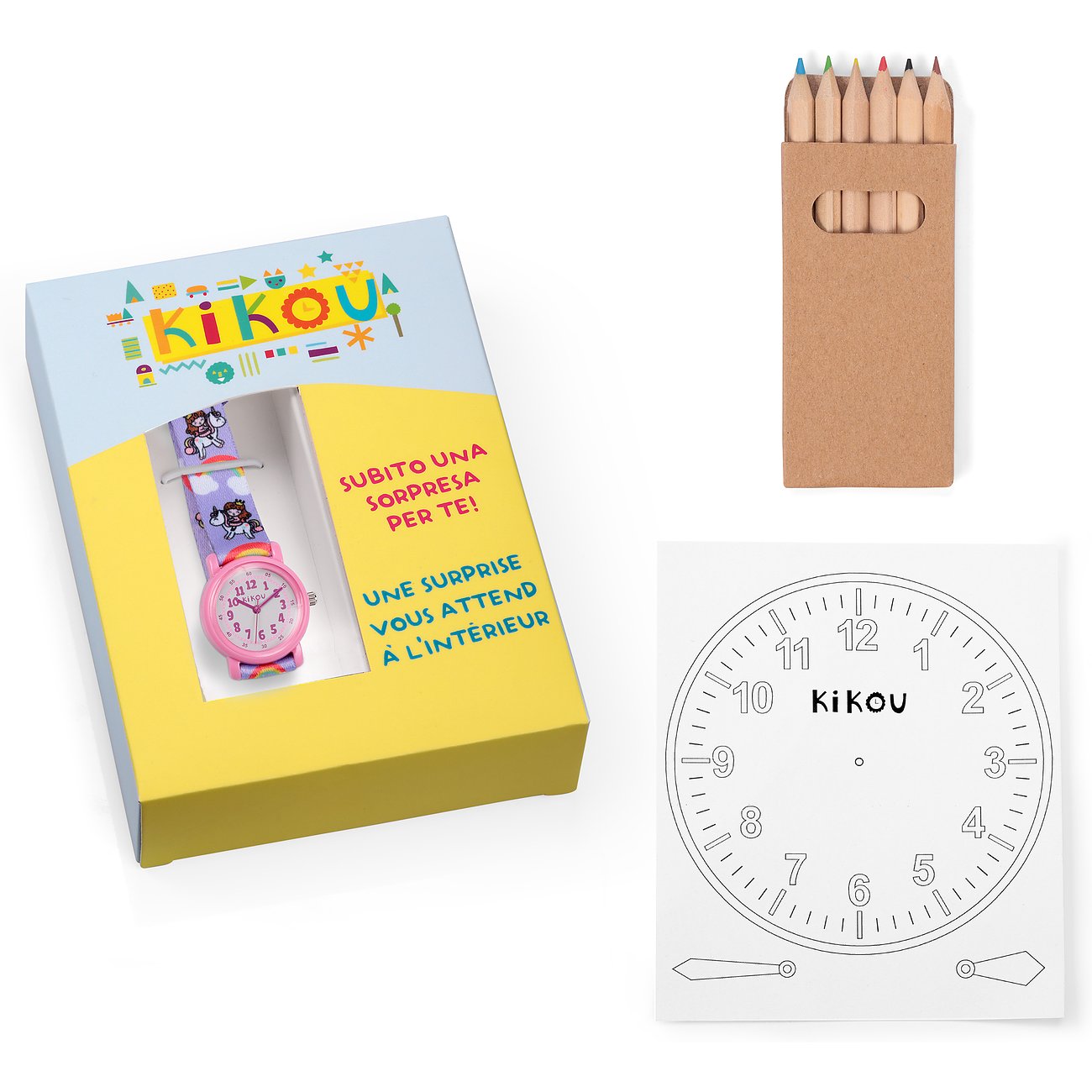 KIKOU Kinderuhr mit Kunststoffgehäuse, analoger Anzeige und buntem Band.