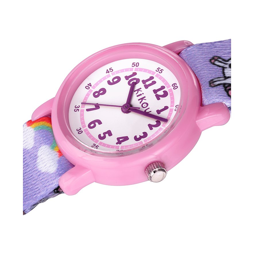 KIKOU Kinderuhr mit Kunststoffgehäuse, analoger Anzeige und bunten Motiven.