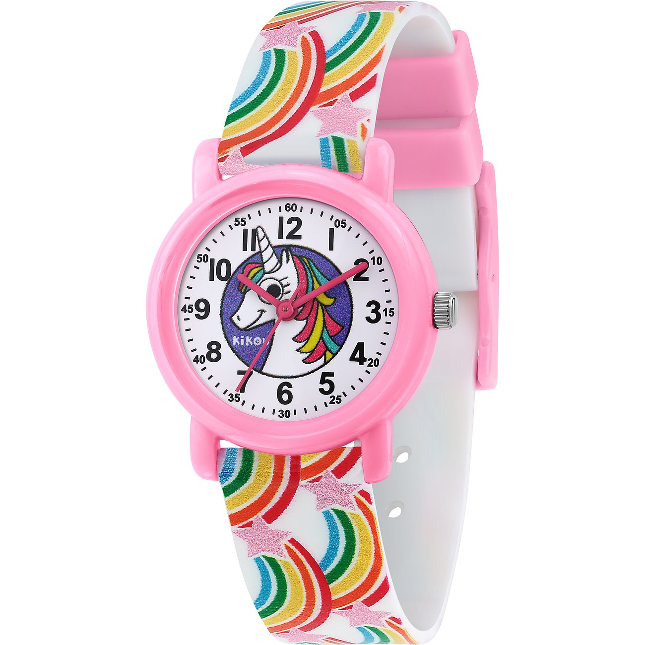 KIKOU Kinderuhr mit Kunststoffgehäuse, analog, mit Einhorn-Motiv und Regenbogen-Armband.