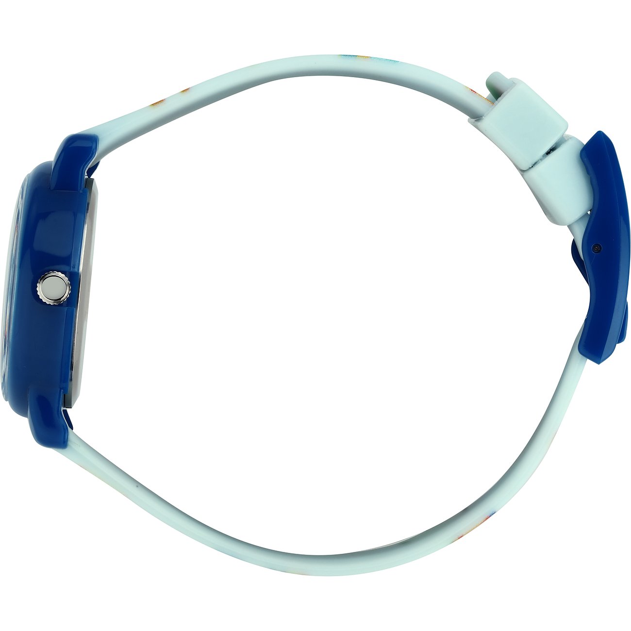 KIKOU Kinderuhr mit blauem Kunststoffgehäuse und hellem Armband.