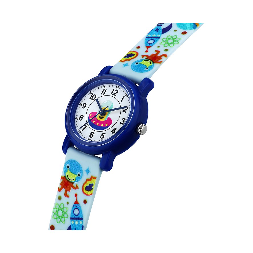 KIKOU Kinderuhr mit Kunststoffgehäuse und Weltraum-Motiven.