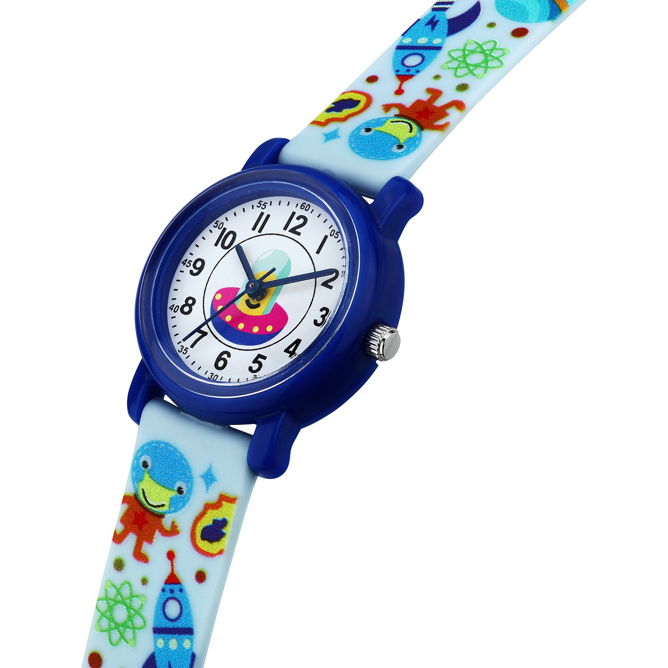 KIKOU Kinderuhr mit Kunststoffgehäuse und Weltraum-Motiven.