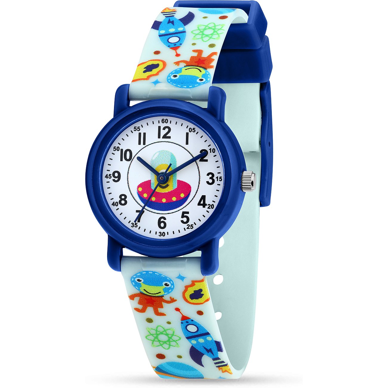 KIKOU Kinderuhr mit Kunststoffgehäuse und Weltraum-Motiven.