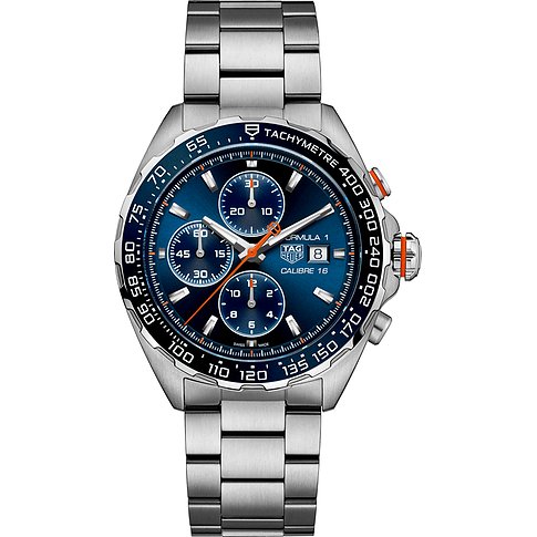 TAG Heuer Herrenuhr mit Edelstahlgehäuse, blauem Zifferblatt und Tachymeter-Lünette.
