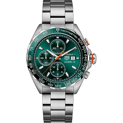 TAG Heuer Herrenuhr mit Edelstahlgehäuse, grünem Zifferblatt und Tachymeterlünette.