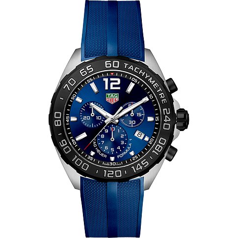 TAG Heuer Herrenuhr mit Edelstahlgehäuse, blauem Zifferblatt und blauen Armband.
